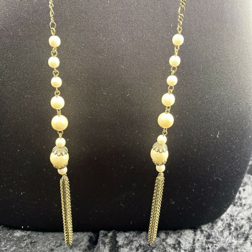 Vintage Flapper 20s Style Lariat Open 56 in Chain Faux Pearl Necklace Tassel - Picture 4 of 8